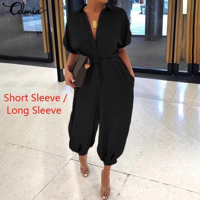 Celmia Women Vintage Jumpsuits Plus Size Short Sleeve Rompers Casual Loose Buttons Cargo Pants Summer Overalls Playsuits 7 201007