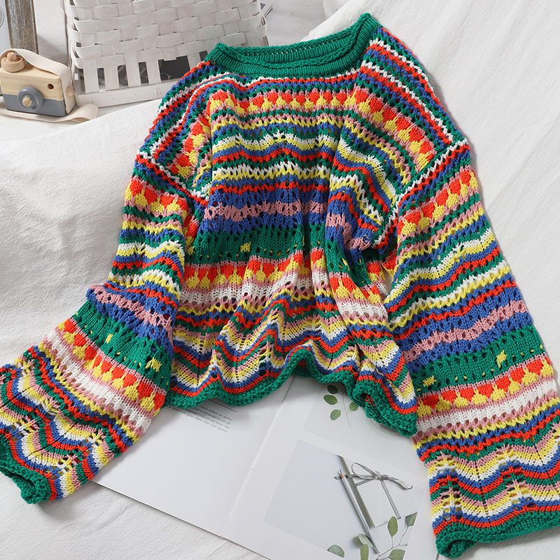 Gagarich Women Christmas Sweater Autumn Sweet Multi-Color Stripe Pullover O-Neck Slim Hollow Korean-Style Crocheted Tops 201221