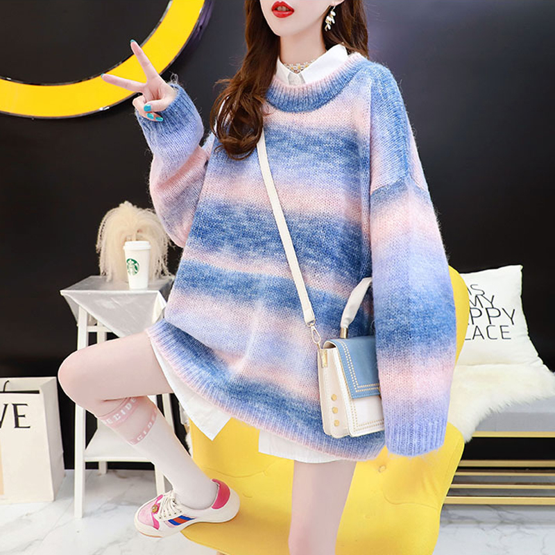 Lucyever Kawaii Women Sweater Pullover Rainbow Girls Japanese Knitted Jumper Loose Oversize Autumn Long Sleeve Pink Top 201222