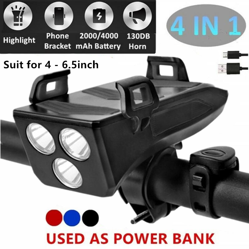 Multi-function 4 in 1 Bicycle Light USB Rechargeable T6 LED Bike Headlight Horn Phone Holder Power Bank 4000mAh MTB Front Light
Multi-function 4 in 1 Bicycle Light USB Rechargeable T6 LED Bike Headlight Horn Phone Holder Power Bank 4000mAh MTB Front Light