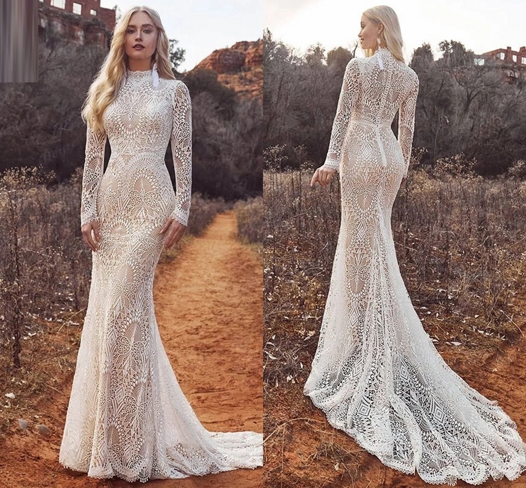 Vintage Crochet Lace Bohemian Wedding Dresses 2022 High Neck Long Sleeve Pastrol Mermaid Fishtail Bridal Gowns robe de mariée