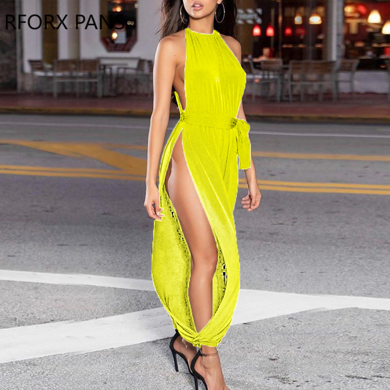 Solid Sleeveless Ruched Slit Jumpsuit Sexy Jumpsuit for Women T200509