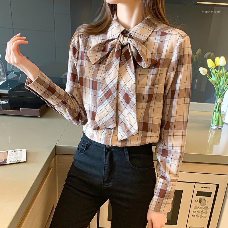 Plaid shirt women 2021 spring new loose bow ribbon shirt long-sleeved foreign style1, Khaki 
Plaid shirt women 2021 spring new loose bow ribbon shirt long-sleeved foreign style1, Khaki