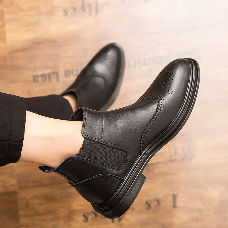 Hot Sale-Autumn Genuine Leather Brogue Shoes Men Vintage British Casual Fashion Dress Ankle Boots Business Work Wedding Boots