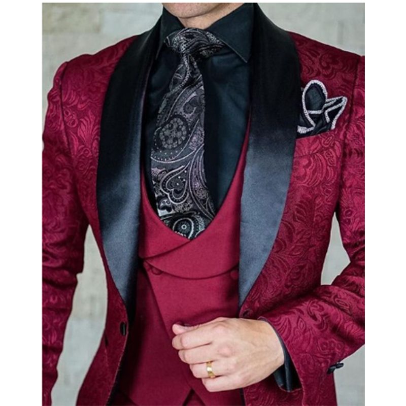 Navy Blue Burgundy Embroidery Mens Suits Wedding Tuxedos Black Shawl Lapel 3 Pieces Groom Formal Wear Slim Fit Male Formal Party Prom Blazer (Blazer+V