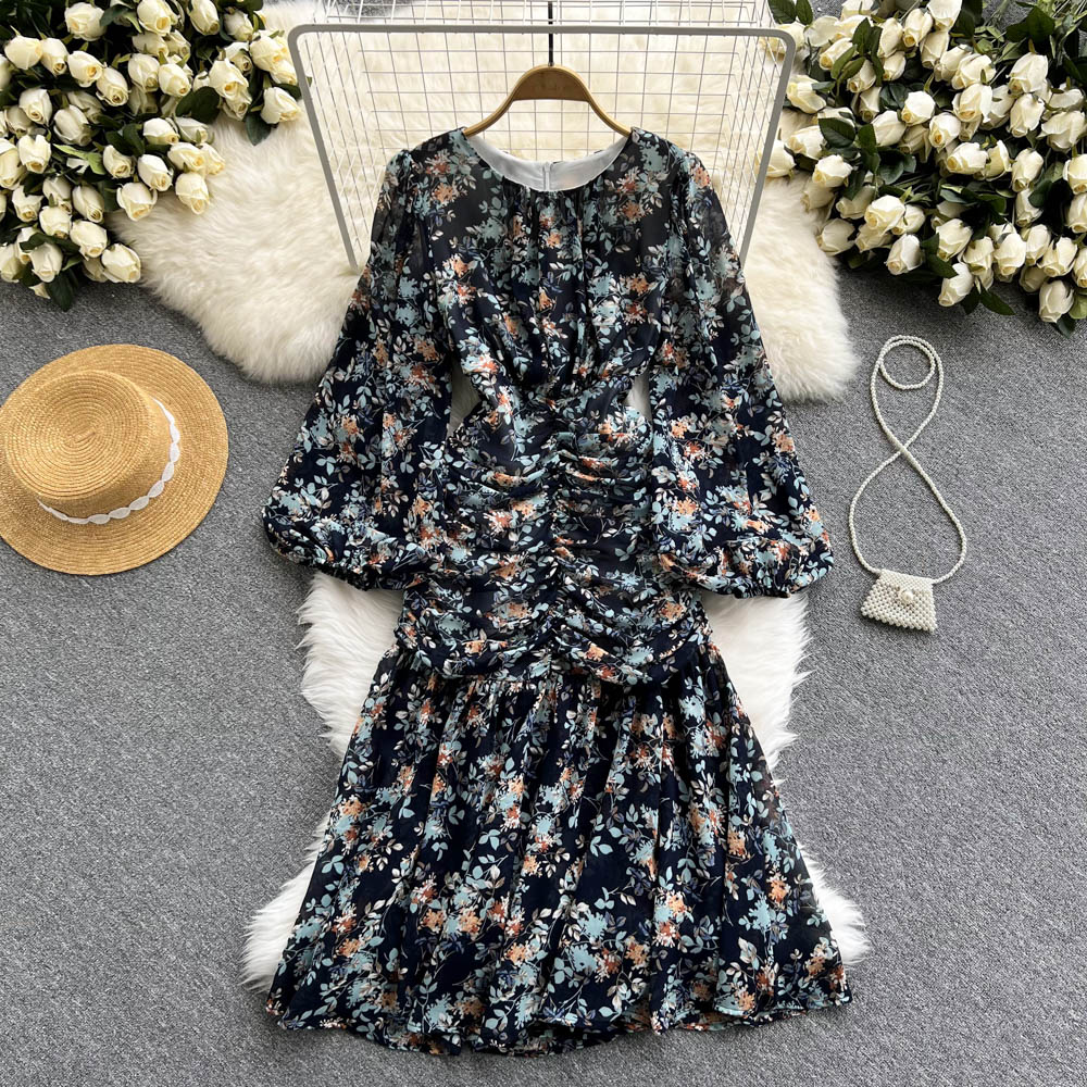 Bohemian Women Floral Chiffon Draped Long Dress Boho Vacation Beach Robe Female Puff Long Sleeve High Waist Party Vestidos New 2022