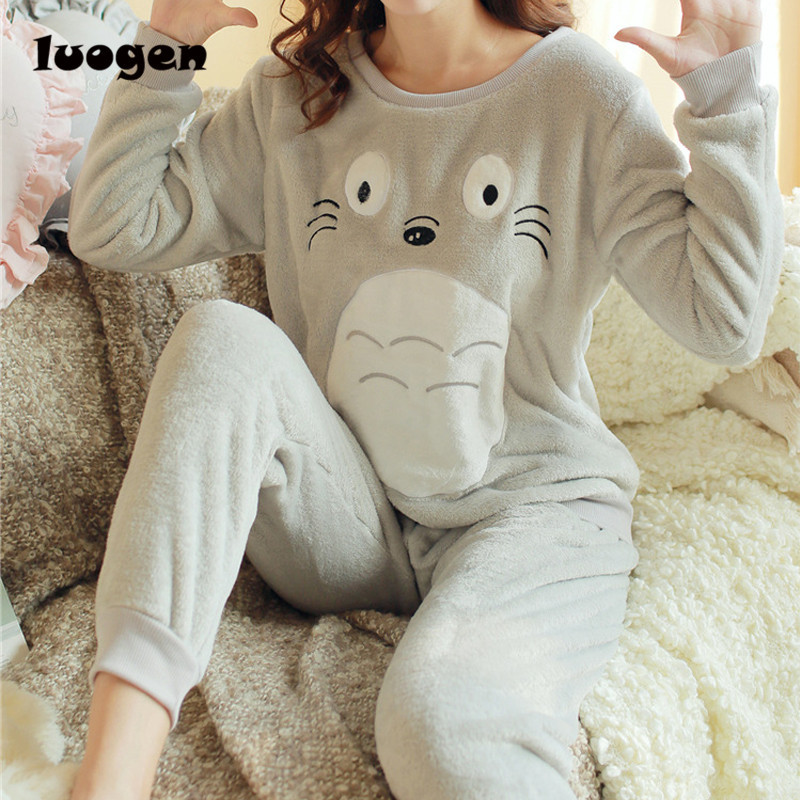 Autumn Winter Women Warm Pajamas Sets of Sleepcoat & Trousers Lady Lounge Cartoon Totoro Flannel Sleepwear Female Home Clothing 210203