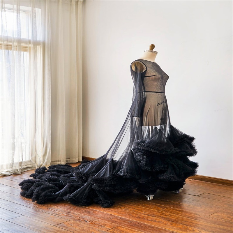 Illusion Bridal Sleepwear Soft Tulle Jewel Long Sleeves Ruffles Tiered Custom Made Wedding Robes Nightgown Sweep Train - view 3