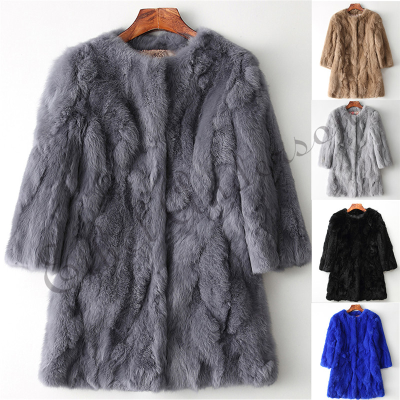 Ethel Anderson 100% Real Rabbit Fur Coat Women's O-Neck Long Rabbit Fur Jacket 3/4 Sleeves Vintage Style Leather Fur Outwear T200319