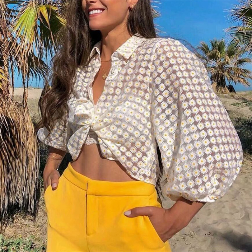 Women sweet floral print crop top three quarter puff sleeve turn down collar transparent female causal blouse 201130
