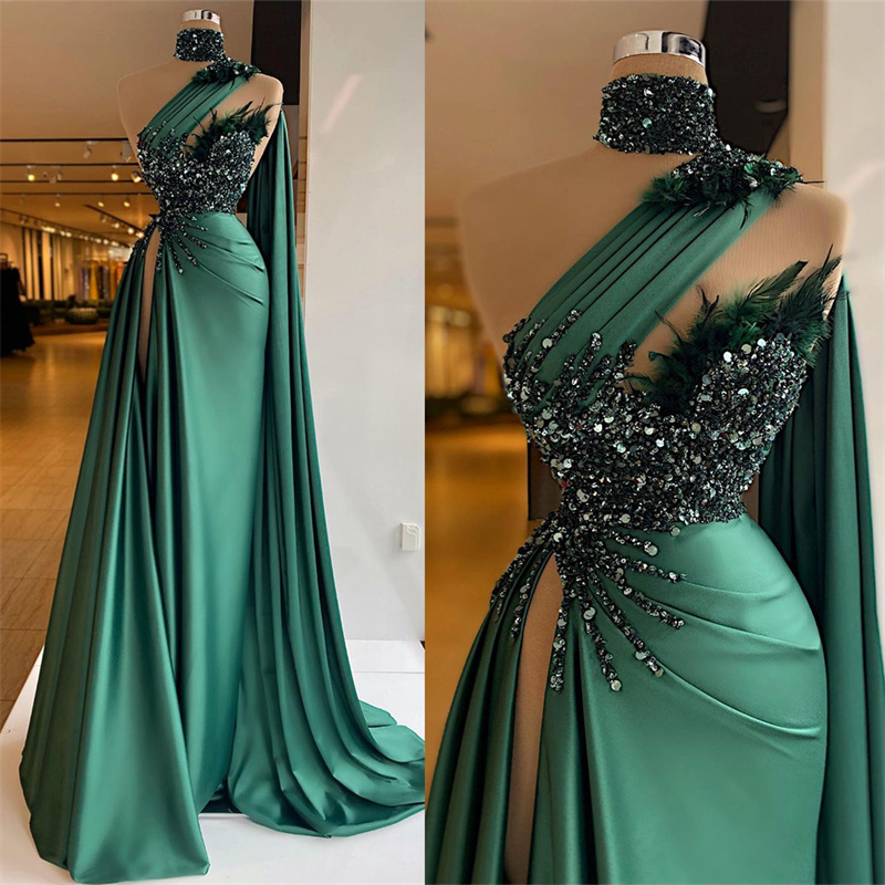 Feather Emerald Green Prom Dresses With Wrap Sequins Evening Dress Custom Made Side Split High Mermaid Party Gown