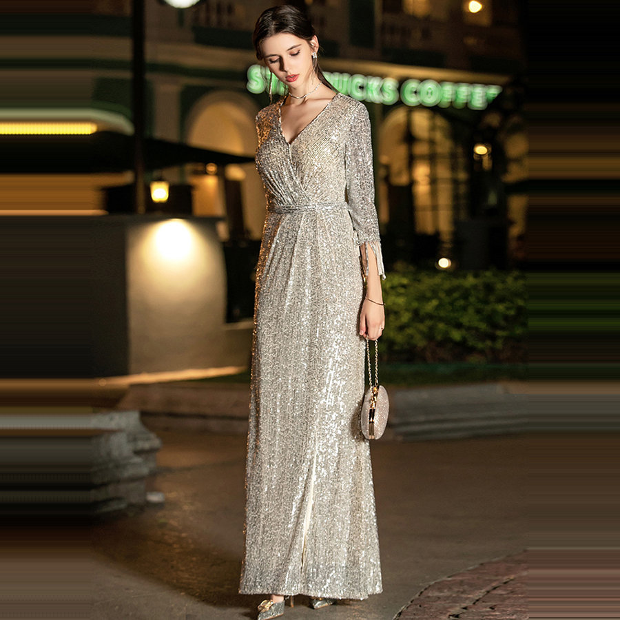 Sequins Formal Gown Silver VNeck Robe De Soiree K019 Long Plus Size Women Party Dresses Elegant Long Sleeves Evening Dress 201114