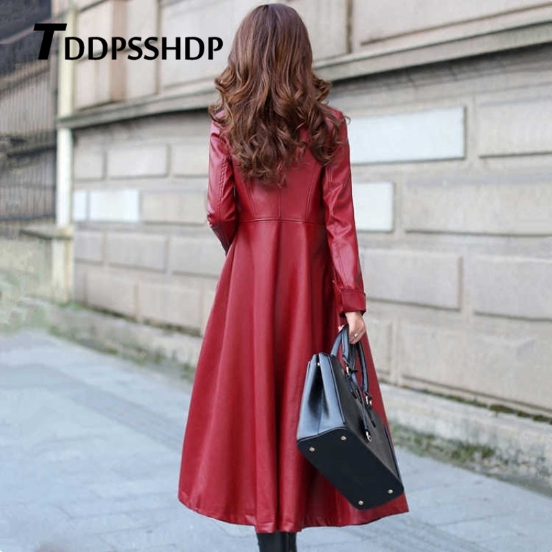 Black and Red Color Long Spring Thick Women Leather Coat Long Sleeve Waist Strap Pocket Female Jacket 201030