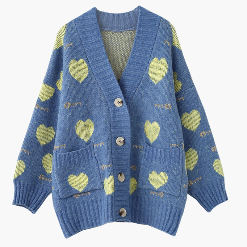 AZYT Autumn Winter Women's Sweater Coat Sweet Heart Print Oversize Knit Female Cardigan Harajuku Loose V Neck Knitwear Tops 201031