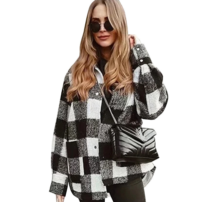Fall Clothes for Women Shirt Woolen Coat New Autumn and Winter Fashion Black and White Lattices Overcoat for Women jackets 201112