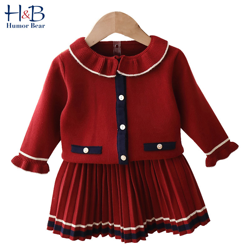 Humor Bear Girls Clothes Suit Autumn Winter New Doll Collar Girls Sweater+Pleated Skirt Sets Baby Kids Children Clothes For GirlX1019
