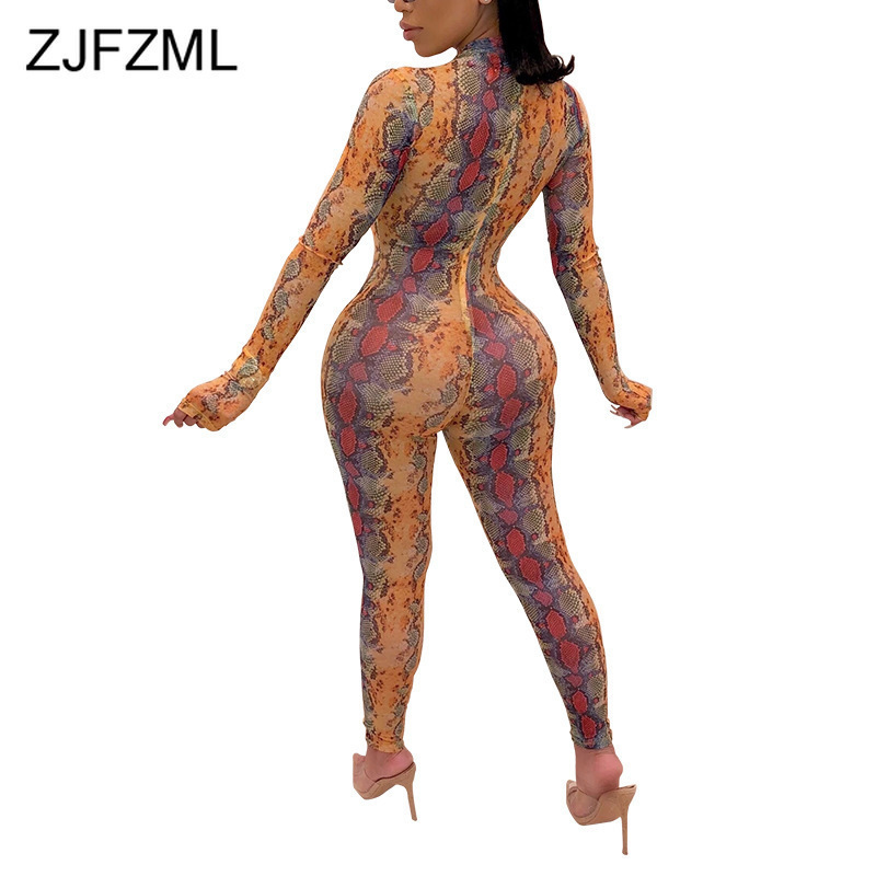 Snake Skin Print Sexy Plus Size Jumpsuit Women Mock Neck Long Sleeve Bodycon Bodysuit Vintage High Waist Night Club Party Romper T200509