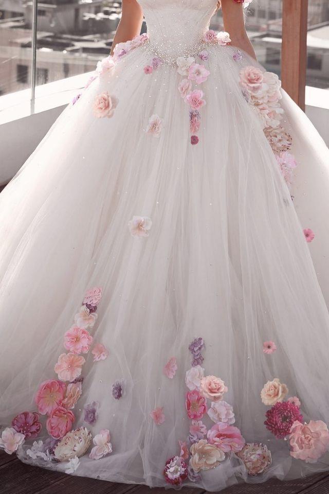Off Shoulder Colorful 3D Flowers Cinderella Themed Wedding Dress Ball Gown Romantic Sweep Train