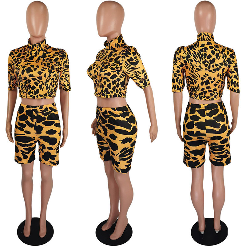 Cheetah Leopard Two Piece Short Set for Women Sport Suit Summer Clothes Crop Top and Biker Shorts Outfits Matching Sets Clubwear T200610