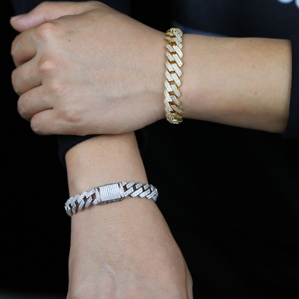 Wholesale Iced Out Men Hip Hop Bracelet 15mm Width Sparking Bling Two Row Cubic Zirconia Cuban Link Chain Hip Hop Men Boy Rock Bracelets
