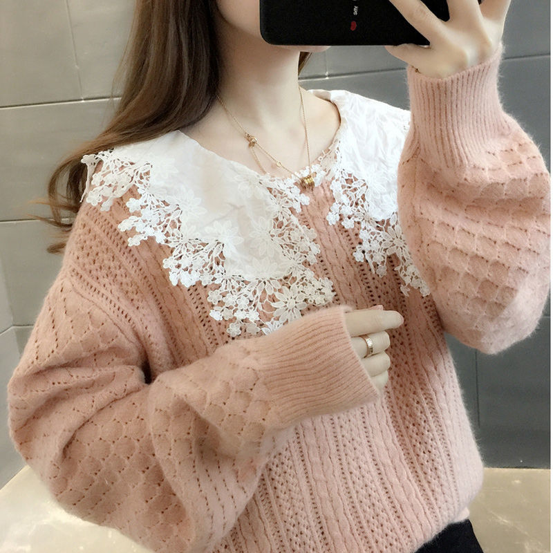 new autumn sweater female Korean version loose autumn winter outer wear lace doll collar knit pullover top 210203