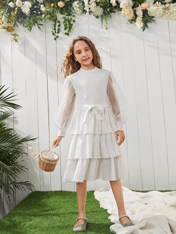 Girls 1pc Solid Bishop Sleeve Layered Hem Belted Dress SHE