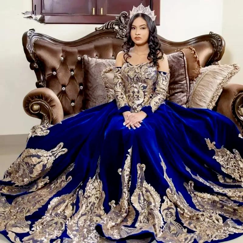 Princess Velvet Blue Quinceanera Dresses 2022 Lace Applique Sweet 16 Dress Long Sleeves vestidos de 15 Ball Gown Prom Gowns