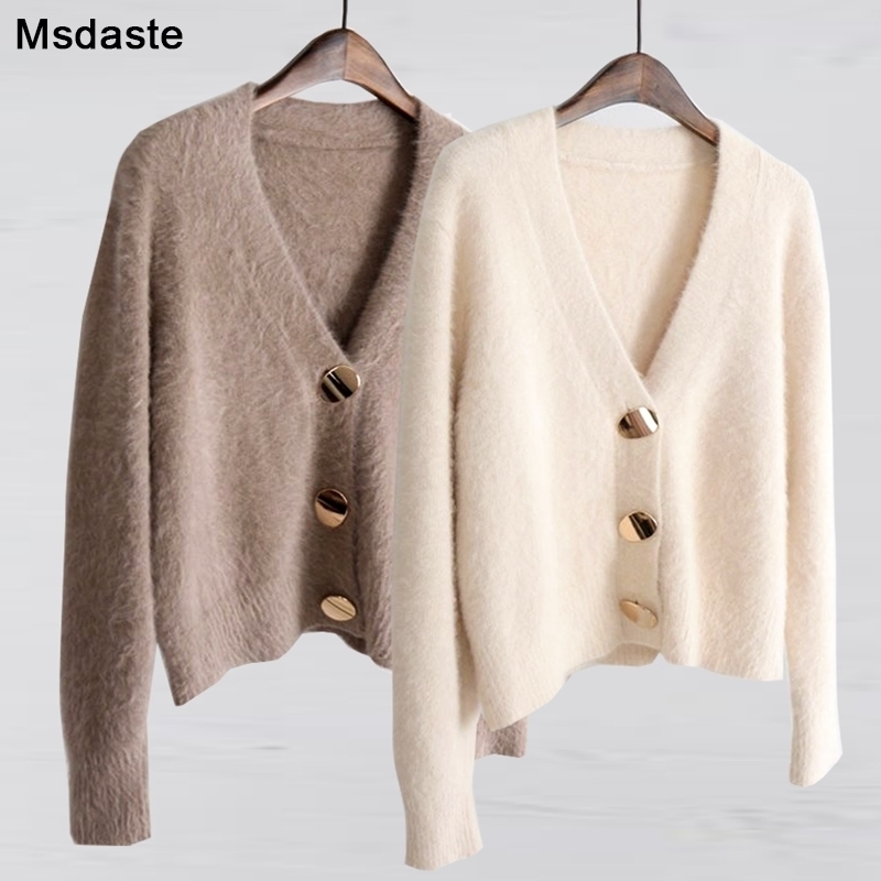 Mohair Sweater Women Cardigans Winter V-neck Soft Knitted Tops Outwear solid White Brown Casual Woman Knitwear Sweaters 201120
Mohair Sweater Women Cardigans Winter V-neck Soft Knitted Tops Outwear solid White Brown Casual Woman Knitwear Sweaters 201120