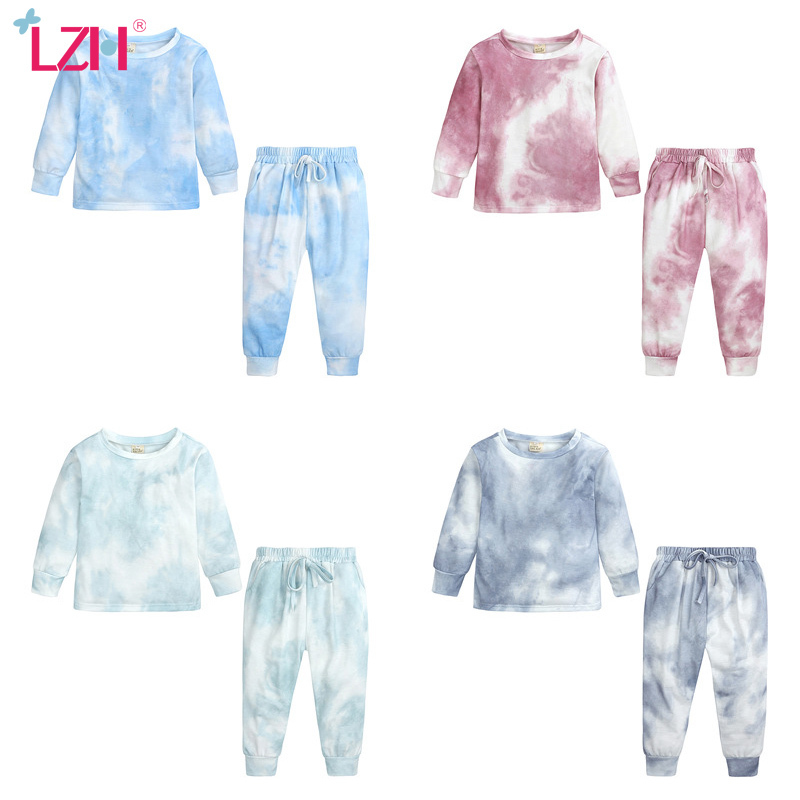 LZH 2020 New Autumn Baby Girl Clothes Set Tie-Dye Printing Children's Tracksuit Fashion Long Sleeve Trousers 2Pcs Suit 3-8 Years Y1106