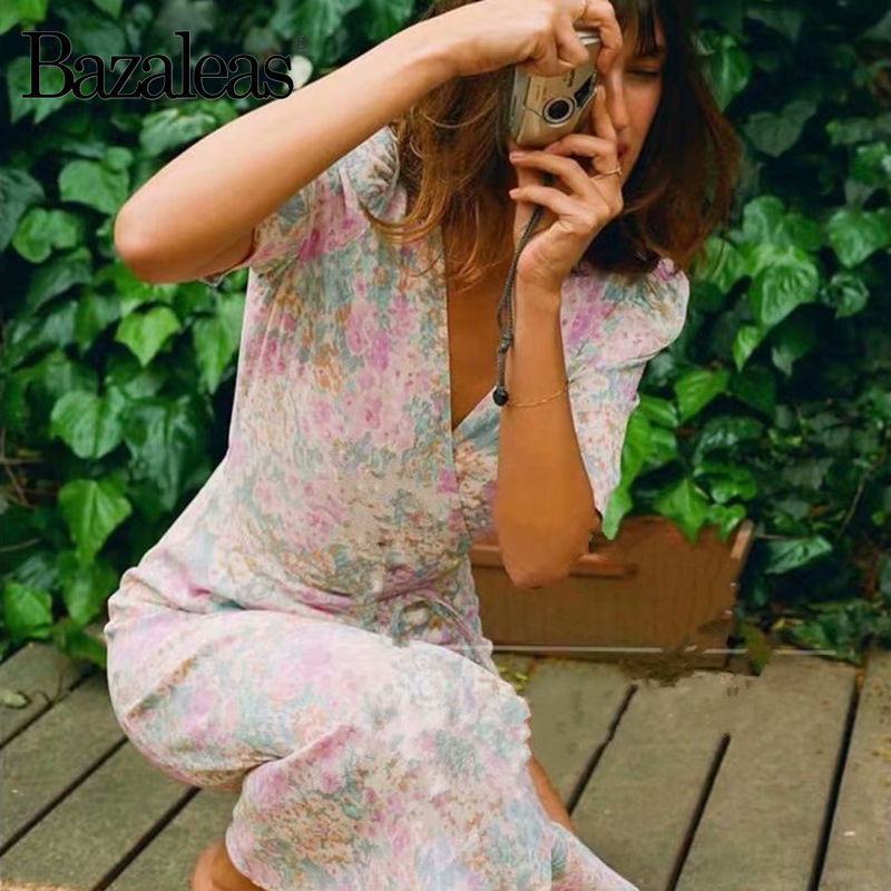 Bazaleas Vintage Gabin wrap dress France pastel hydrang Print vestido Fashion fastening tie side Buttons women midi dress Casual T200603