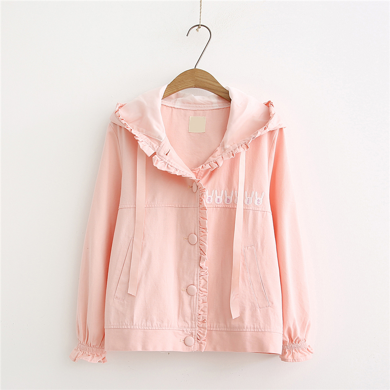 Merry Pretty Women's Autumn Winter Basic Jackets Ladis Rabbit Ears Embroidery Cute Jacket Single Breasted Pink Outerwear 201026