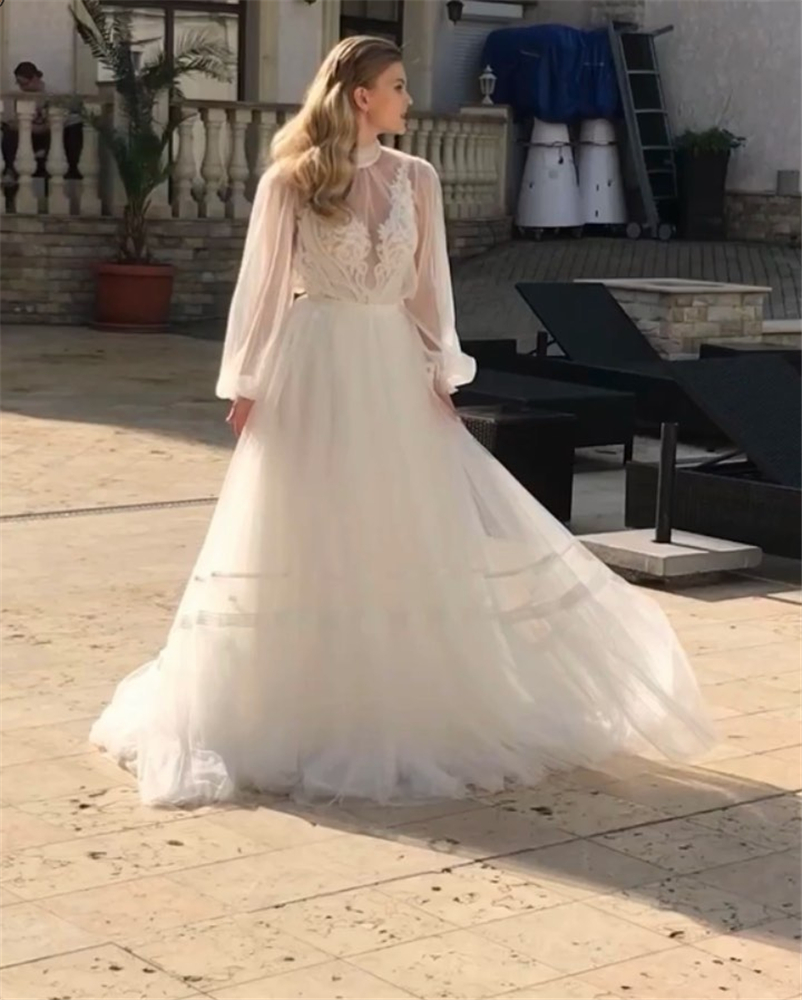 Newest A Line Wedding Dresses Long Sleeves High Neck Appliqued Lace Princess Bridal Gowns Chic Sweep Train Robes De Marie