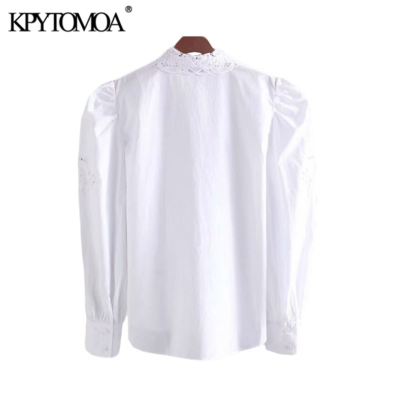 KPYTOMOA Women Fashion Cutwork Embroidery Button-up Blouses Vintage Lapel Collar Long Puff Sleeve Female Shirts Blusas Chic Tops 201125
