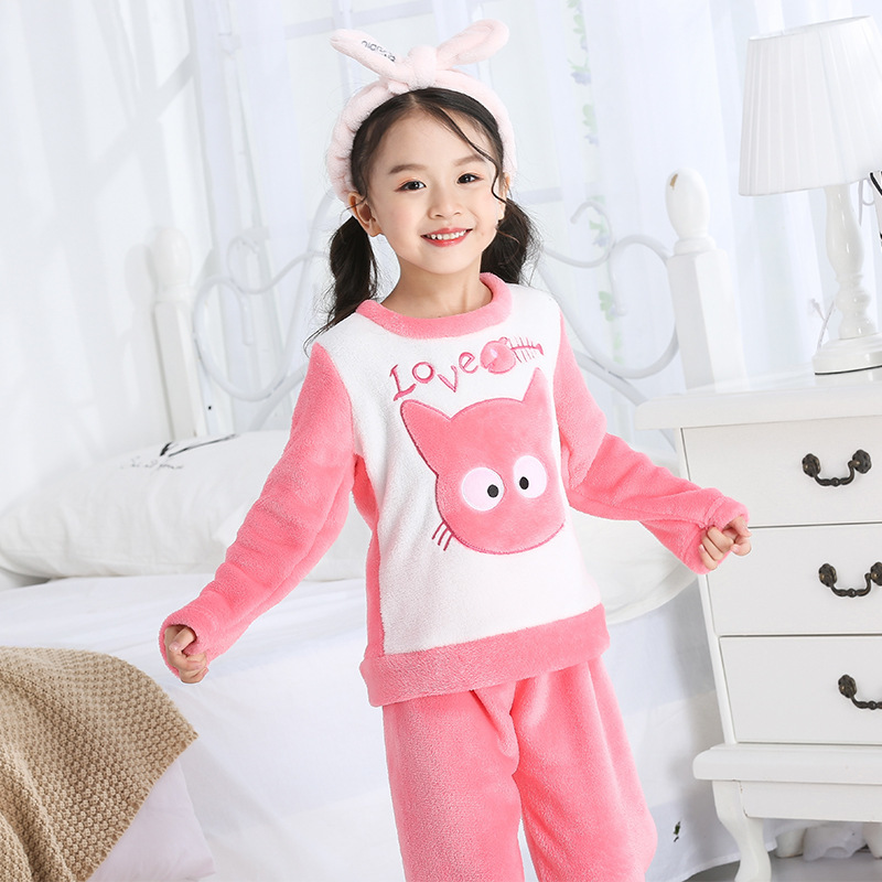 Children's flannel pajamas set boys and girls cartoon coral fleece head protector home service 201225