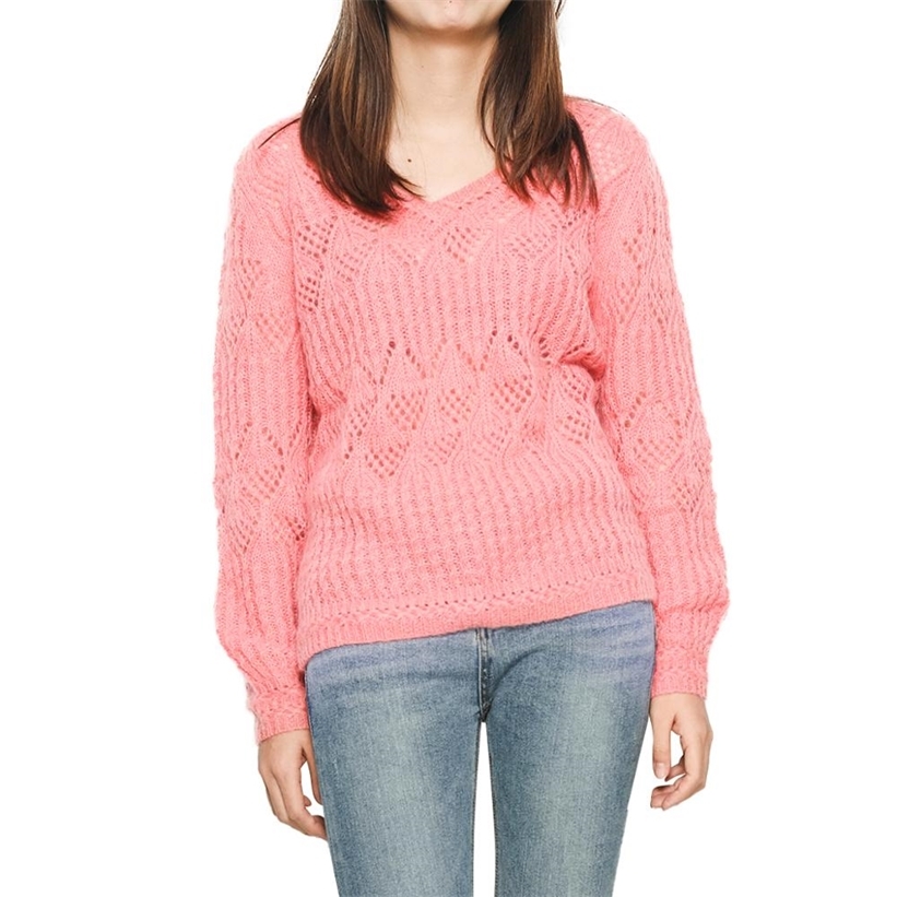 Georgia Knitted Jumper Women Casual Mohair Wool Puffed Sleeve V Neck Chic Sweater Autumn Winter Vintage Pullover 201222