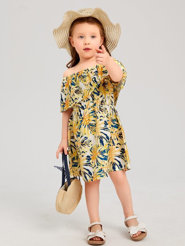 Toddler Girls Tropical Print Off Shoulder Ruffle Trim Dress SHE