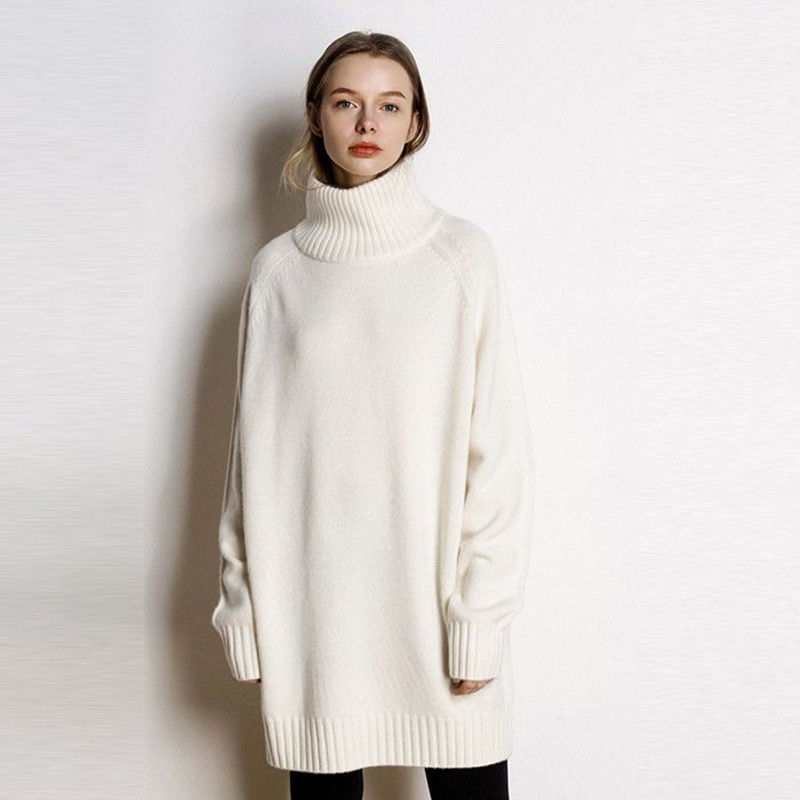 Cashmere sweater women's new high-neck cashmere sweater women's solid color long loose sweater large size knit bottoming shirt 201023