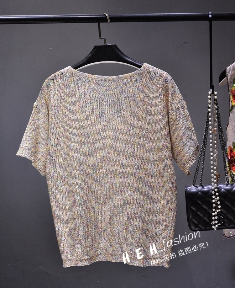 Cakucool Women Sequins knit shirt Short Sleeve Blouse O neck gold Lurex BasicTops Korean Loose Casual Blusa shirts Femme Khaki T190611