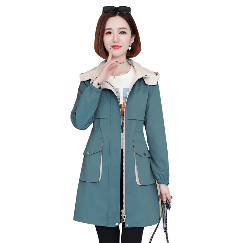 New Fashion Women's Spring Jacket Female Tops Korean Style Waist MidLong Women's Windbreaker Coat Hooded Overcoat Blue Y11 T200811
