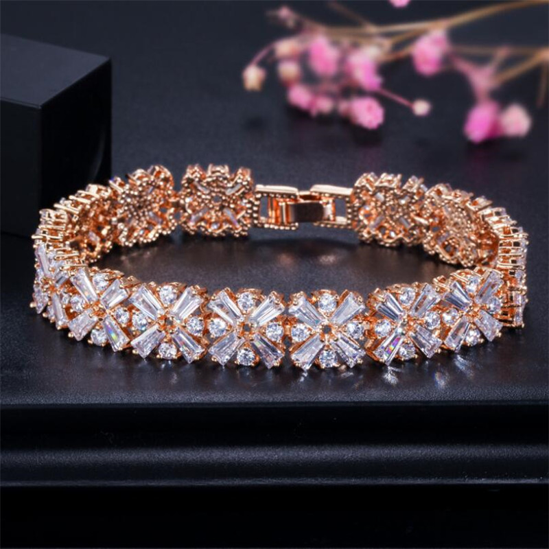 Mona Lisa Bangle: White&Rose Gold Fill, Princess Cut White Clear Topaz CZ Dia Bracelet Jewelry