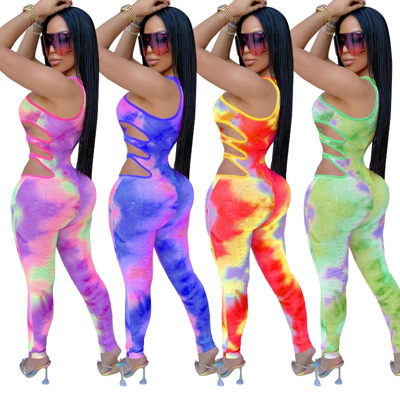 Women's Jumpsuits & Rompers Zoctuo Tie Dye Print Sexy For Women Hollow Out Club Playsuit 2021 Fashion One Shoulder Jumpsuit Clubwear