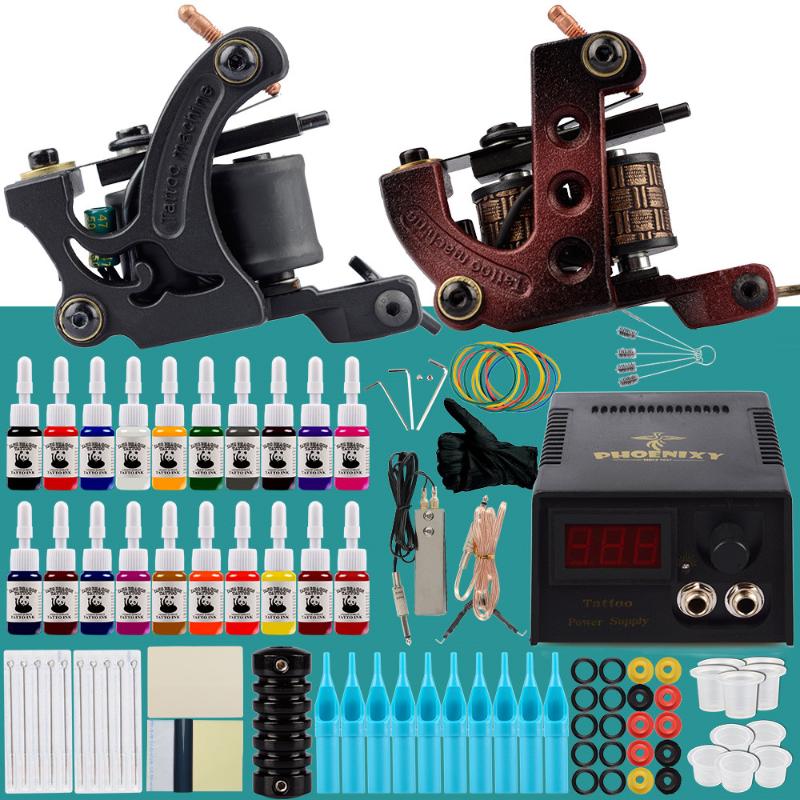 Tattoo Guns Kits Professional Kit 2 Machines Set 20Pcs Permanent Inks LCD Power Supply Grips Body Art Makeup Complete