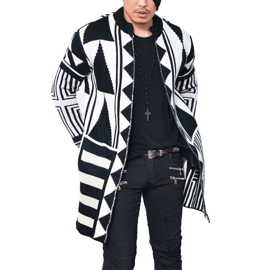 Geometric Knitted Cardigan Sweater Men Autumn Mens Long Knitwear Sweaters Coat Casual Slim Fit Stand Collar Pull Homme 201022
