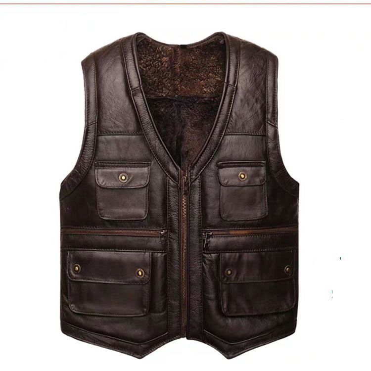 Holyrising Mens Full Real Sheepskin Leather Gilet Motorcycle Vest for Men Pockets Black Brown Leather Coat winter jacket 201128