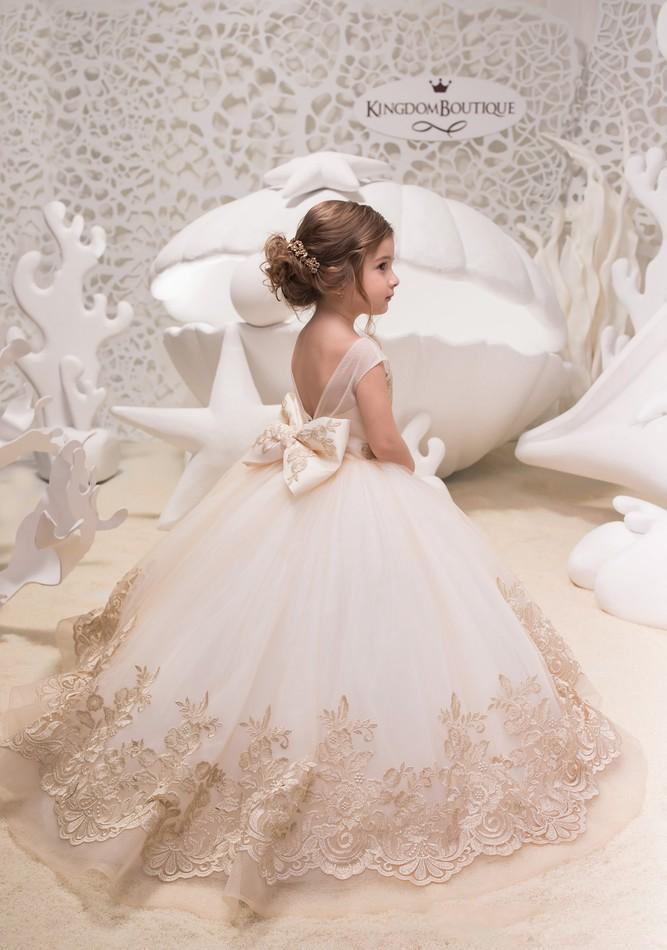 Princess Flower Girls' Dresses with Bow Backless Lace Applique Long Floor Communion Dress for Party