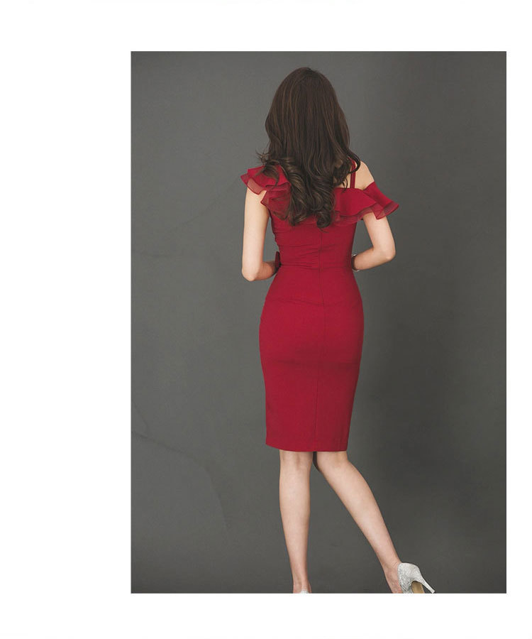Summer Party Dress Women Elegant Red Ruffle Slim Pencil Dress Bodycon Formal Work Dress T200604