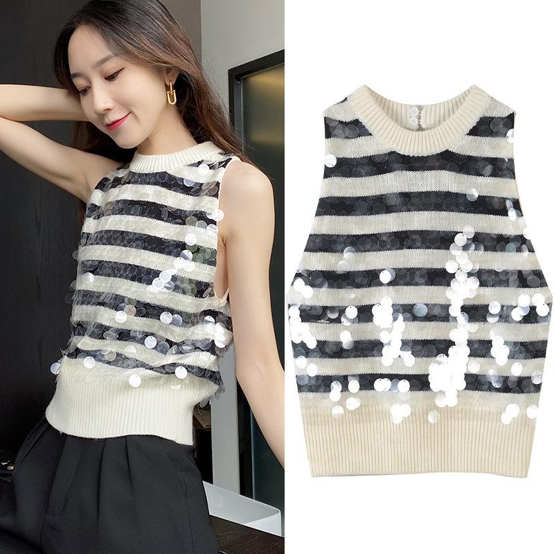 Black white striped patchwork tank top women Sleeveless sequins short modis knitted tops 2020 autumn and winter new arrival