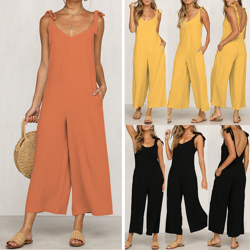 Sexy Solid Backless jumpsuits women V neck spaghetti strap long overalls Summer beach loose female jumpsuit 2019 T200303