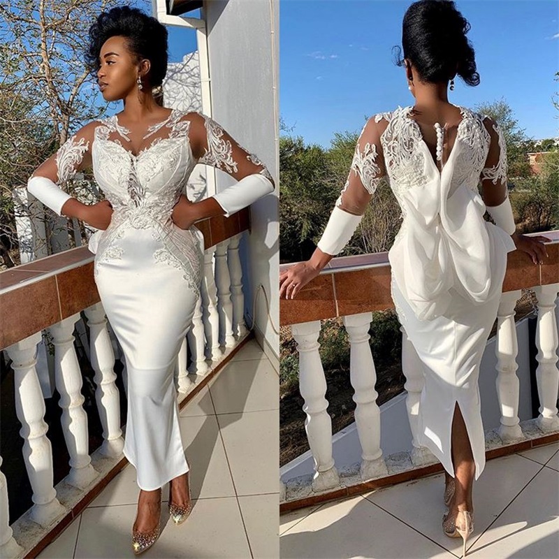 Real Image Chic Evening Dresses Long Sleeves Appliqued Lace Ruffles Formal Prom Dress Custom Made Sweep Train Long Mermaid Party Gown