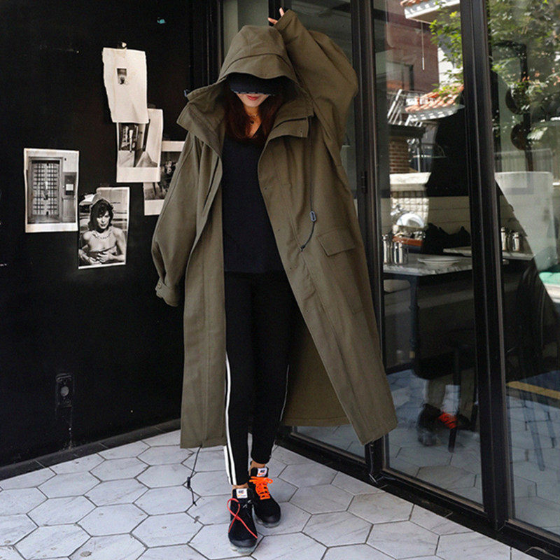 Autumn Spring New Korean Trench Coat Army Green Women's Windbreaker Loose Plus Size Hooded Cloak Harajuku Chaqueta Mujer f2527 T200805